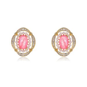 Wholesale vintage pearl earrings with pink oval stone and zircon halo on gold plated copper from JuneJewelry.com – luxury boutique jewelry.