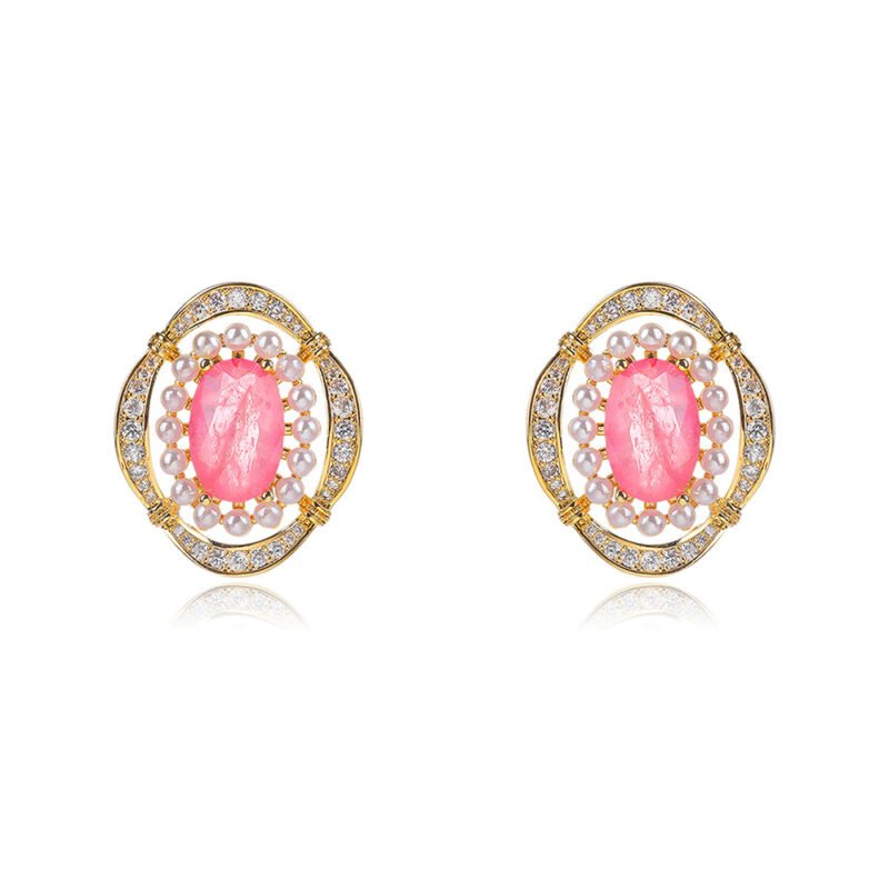 Wholesale vintage pearl earrings with pink oval stone and zircon halo on gold plated copper from JuneJewelry.com – luxury boutique jewelry.