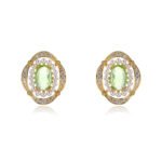 Wholesale vintage pearl earrings with pink oval stone and zircon halo on gold plated copper from JuneJewelry.com – luxury boutique jewelry.