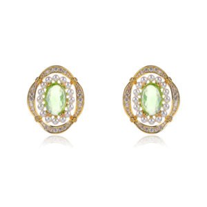 Wholesale vintage pearl earrings with pink oval stone and zircon halo on gold plated copper from JuneJewelry.com – luxury boutique jewelry.