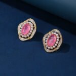 Wholesale vintage pearl earrings with pink oval stone and zircon halo on gold plated copper from JuneJewelry.com – luxury boutique jewelry.