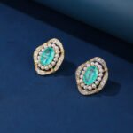 Wholesale vintage pearl earrings with pink oval stone and zircon halo on gold plated copper from JuneJewelry.com – luxury boutique jewelry.