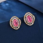 Wholesale vintage pearl earrings with pink oval stone and zircon halo on gold plated copper from JuneJewelry.com – luxury boutique jewelry.