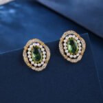 Wholesale vintage pearl earrings with pink oval stone and zircon halo on gold plated copper from JuneJewelry.com – luxury boutique jewelry.