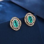 Wholesale vintage pearl earrings with pink oval stone and zircon halo on gold plated copper from JuneJewelry.com – luxury boutique jewelry.