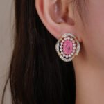 Wholesale vintage pearl earrings with pink oval stone and zircon halo on gold plated copper from JuneJewelry.com – luxury boutique jewelry.
