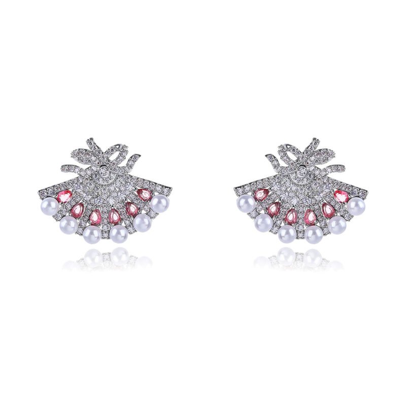 Wholesale fan pearl earrings with pink zircon accents and 18K gold plated copper from JuneJewelry.com – luxury 925 silver needle jewelry.