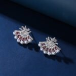 Wholesale fan pearl earrings with pink zircon accents and 18K gold plated copper from JuneJewelry.com – luxury 925 silver needle jewelry.