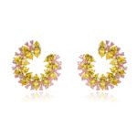 Wholesale yellow zircon hoop earrings with pink accents on real gold plated copper from JuneJewelry.com – luxury fashion jewelry for bulk buyers.