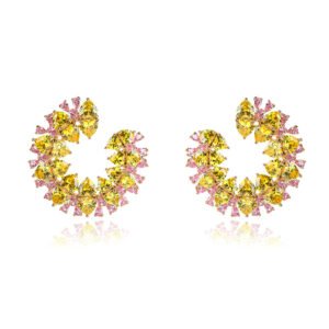 Wholesale yellow zircon hoop earrings with pink accents on real gold plated copper from JuneJewelry.com – luxury fashion jewelry for bulk buyers.