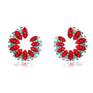 Wholesale yellow zircon hoop earrings with pink accents on real gold plated copper from JuneJewelry.com – luxury fashion jewelry for bulk buyers.