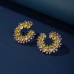 Wholesale yellow zircon hoop earrings with pink accents on real gold plated copper from JuneJewelry.com – luxury fashion jewelry for bulk buyers.
