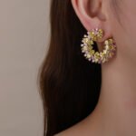 Wholesale yellow zircon hoop earrings with pink accents on real gold plated copper from JuneJewelry.com – luxury fashion jewelry for bulk buyers.