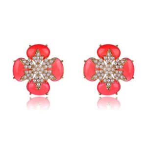 Wholesale clover pearl earrings with yellow and green stones on gold plated brass from JuneJewelry.com – unique floral jewelry for bulk orders.