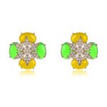 Wholesale clover pearl earrings with yellow and green stones on gold plated brass from JuneJewelry.com – unique floral jewelry for bulk orders.