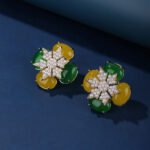 Wholesale clover pearl earrings with yellow and green stones on gold plated brass from JuneJewelry.com – unique floral jewelry for bulk orders.