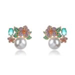 Wholesale floral pearl earrings with multicolored cubic zirconia and 925 silver needles from JuneJewelry.com – luxury jewelry for bulk orders.