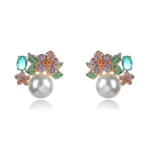 Wholesale floral pearl earrings with multicolored cubic zirconia and 925 silver needles from JuneJewelry.com – luxury jewelry for bulk orders.