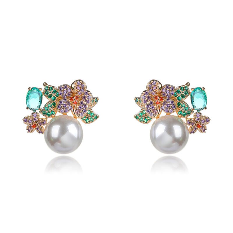 Wholesale floral pearl earrings with multicolored cubic zirconia and 925 silver needles from JuneJewelry.com – luxury jewelry for bulk orders.