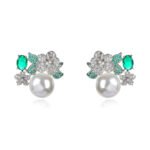 Wholesale floral pearl earrings with multicolored cubic zirconia and 925 silver needles from JuneJewelry.com – luxury jewelry for bulk orders.