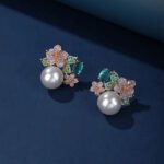 Wholesale floral pearl earrings with multicolored cubic zirconia and 925 silver needles from JuneJewelry.com – luxury jewelry for bulk orders.