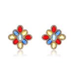 Wholesale multicolor flower earrings with red, blue, and yellow zircons on 14K gold plated brass from JuneJewelry.com – luxury floral jewelry for bulk orders.