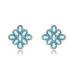 Wholesale multicolor flower earrings with red, blue, and yellow zircons on 14K gold plated brass from JuneJewelry.com – luxury floral jewelry for bulk orders.