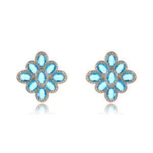 Wholesale multicolor flower earrings with red, blue, and yellow zircons on 14K gold plated brass from JuneJewelry.com – luxury floral jewelry for bulk orders.