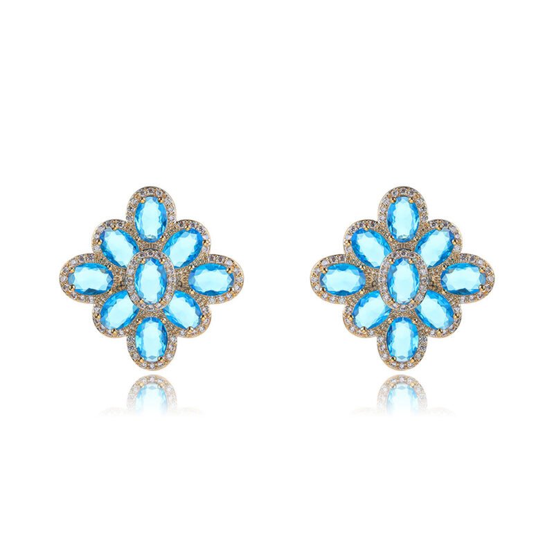 Wholesale multicolor flower earrings with red, blue, and yellow zircons on 14K gold plated brass from JuneJewelry.com – luxury floral jewelry for bulk orders.
