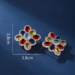 Wholesale multicolor flower earrings with red, blue, and yellow zircons on 14K gold plated brass from JuneJewelry.com – luxury floral jewelry for bulk orders.