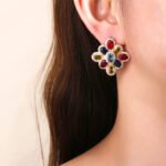 Wholesale multicolor flower earrings with red, blue, and yellow zircons on 14K gold plated brass from JuneJewelry.com – luxury floral jewelry for bulk orders.