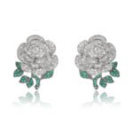 Wholesale flower zircon earrings with white pave petals on real gold plated copper from JuneJewelry.com – luxury floral jewelry for bulk orders.