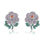 Wholesale flower zircon earrings with white pave petals on real gold plated copper from JuneJewelry.com – luxury floral jewelry for bulk orders.