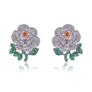 Wholesale flower zircon earrings with white pave petals on real gold plated copper from JuneJewelry.com – luxury floral jewelry for bulk orders.