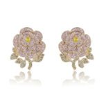 Wholesale flower zircon earrings with white pave petals on real gold plated copper from JuneJewelry.com – luxury floral jewelry for bulk orders.
