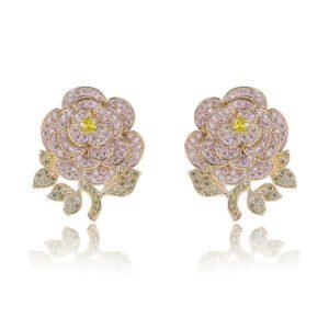 Wholesale flower zircon earrings with white pave petals on real gold plated copper from JuneJewelry.com – luxury floral jewelry for bulk orders.