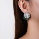 Wholesale flower zircon earrings with white pave petals on real gold plated copper from JuneJewelry.com – luxury floral jewelry for bulk orders.