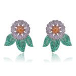 Wholesale zircon flower earrings with white pavé petals on real gold plated copper from JuneJewelry.com – luxury floral studs for bulk orders.