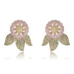 Wholesale zircon flower earrings with white pavé petals on real gold plated copper from JuneJewelry.com – luxury floral studs for bulk orders.