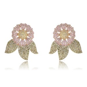 Wholesale zircon flower earrings with white pavé petals on real gold plated copper from JuneJewelry.com – luxury floral studs for bulk orders.
