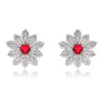Wholesale red heart earrings with white zircon flower petals and 925 silver pins from JuneJewelry.com – luxury bridal jewelry for bulk orders.