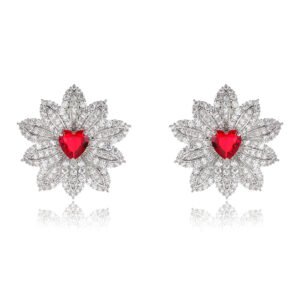 Wholesale red heart earrings with white zircon flower petals and 925 silver pins from JuneJewelry.com – luxury bridal jewelry for bulk orders.