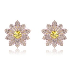 Wholesale red heart earrings with white zircon flower petals and 925 silver pins from JuneJewelry.com – luxury bridal jewelry for bulk orders.