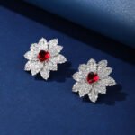 Wholesale red heart earrings with white zircon flower petals and 925 silver pins from JuneJewelry.com – luxury bridal jewelry for bulk orders.