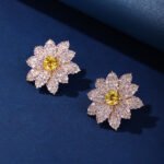 Wholesale red heart earrings with white zircon flower petals and 925 silver pins from JuneJewelry.com – luxury bridal jewelry for bulk orders.