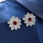 Wholesale red heart earrings with white zircon flower petals and 925 silver pins from JuneJewelry.com – luxury bridal jewelry for bulk orders.
