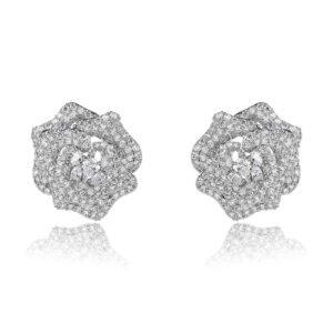 Wholesale floral zircon earrings with white pavé petals on real gold plated copper from JuneJewelry.com – luxury blossom studs for bulk orders.