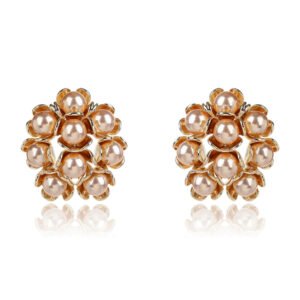 Wholesale shell pearl earrings with zircon stones and gold plated copper floral design from JuneJewelry.com – 925 silver needle fashion jewelry for bulk buyers.
