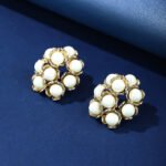 Wholesale shell pearl earrings with zircon stones and gold plated copper floral design from JuneJewelry.com – 925 silver needle fashion jewelry for bulk buyers.