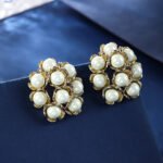 Wholesale shell pearl earrings with zircon stones and gold plated copper floral design from JuneJewelry.com – 925 silver needle fashion jewelry for bulk buyers.